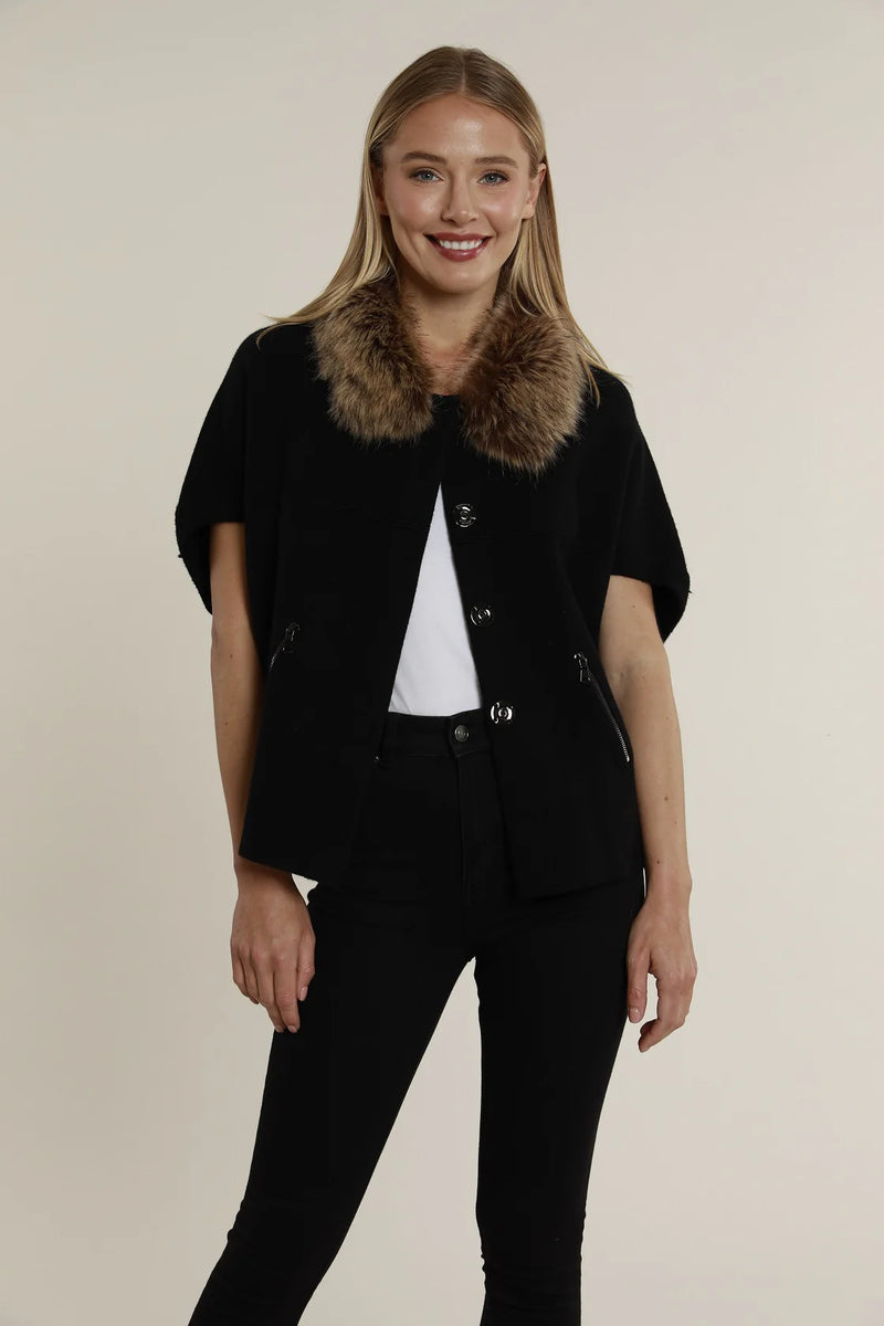 Short sleeve black cardigan featuring a luxurious faux fur collar, perfect for stylish layering in Long Island boutique fashion.