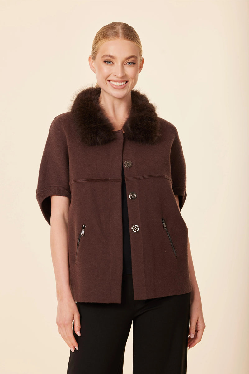 Short sleeve cardigan in rich brown with a faux fur collar and stylish zipper pockets, perfect for chic Long Island boutique fashion.