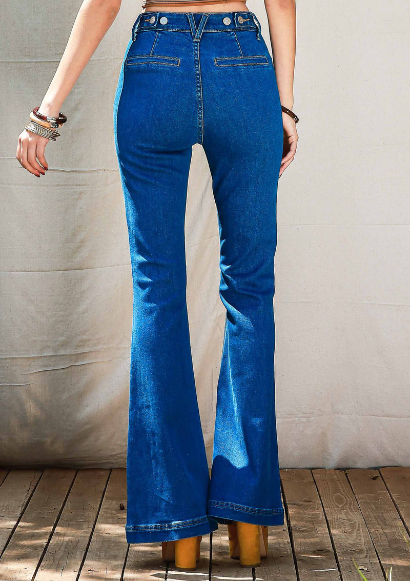 High Rise Flare Jeans With Waist Snap