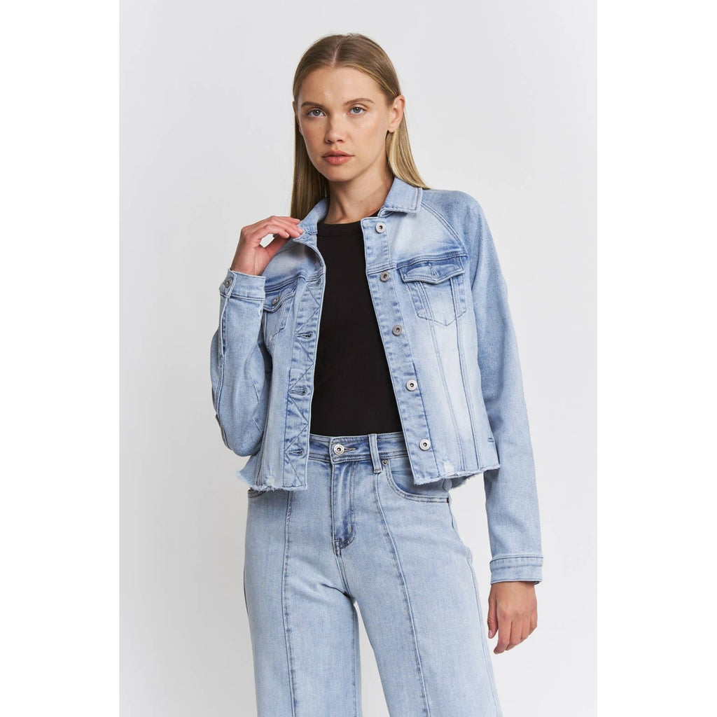 Mica Denim Raw Hem Denim Jacket with Leather Patch – TandyWear