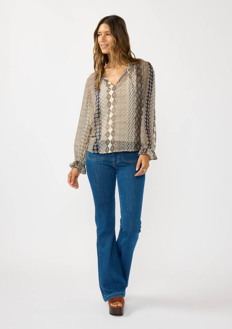 Ruffle Cuff Split Neck Blouse with Tie