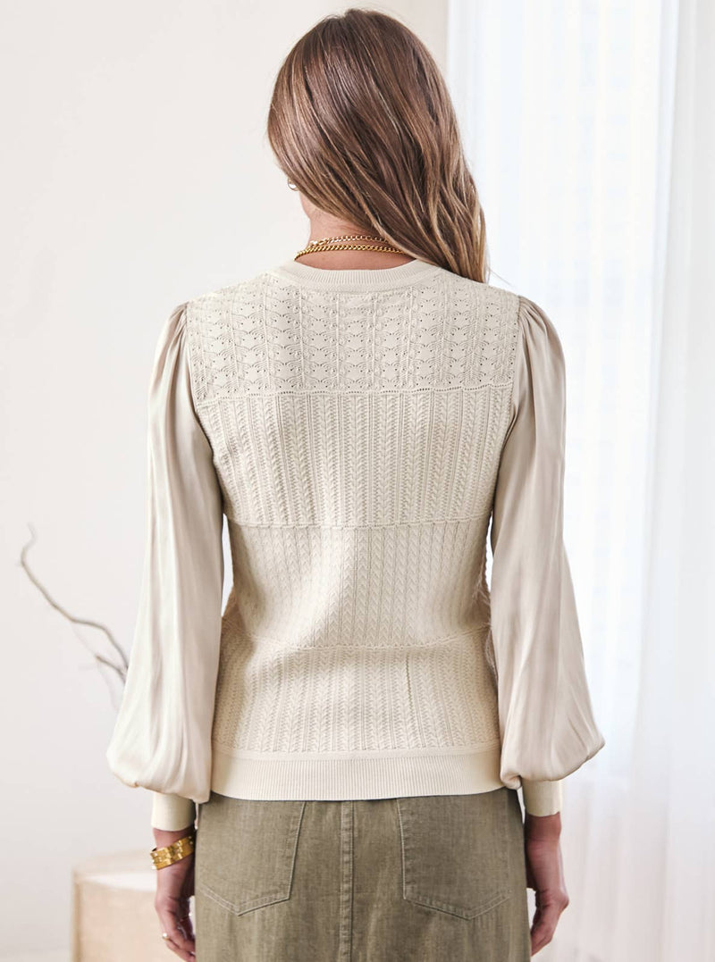 Long-sleeve Woven Combo Sweater