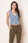 Washed Denim Fitted Vest With Heart Pockets