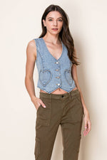Washed Denim Fitted Vest With Heart Pockets