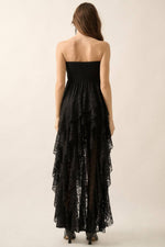 Floral Lace Strapless Ruffled High-Low Maxi Dress