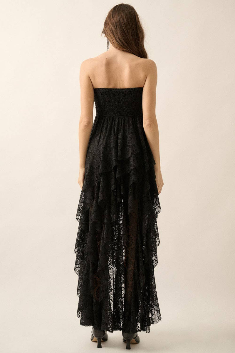 Floral Lace Strapless Ruffled High-Low Maxi Dress