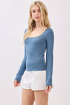 Soft blue double layer square neck long sleeve top, fitted silhouette, perfect for stylish layering in a Long Island women's boutique.