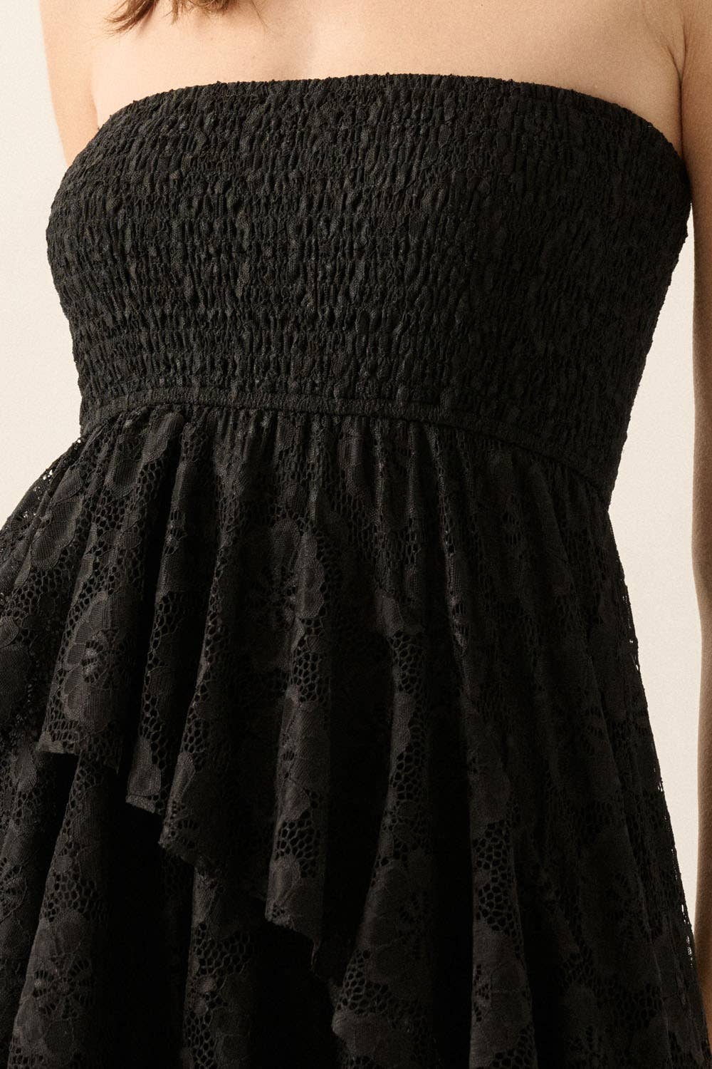 Floral Lace Strapless Ruffled High-Low Maxi Dress