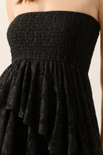 Floral Lace Strapless Ruffled High-Low Maxi Dress