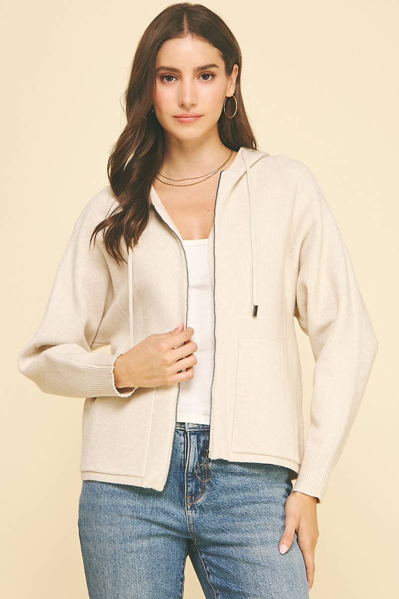 Oatmeal knit hoodie cardigan with zipper and pockets