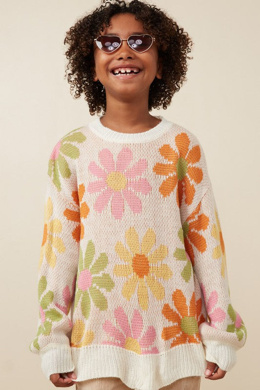 Retro Daisy Knit Pullover Sweater- Girls