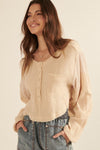 Crinkle Cropped Raw Edge Henley Top