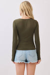 Fitted long sleeve V-neck top in olive green, featuring a double-layer design for a flattering silhouette, perfect for Long Island boutique fashion.