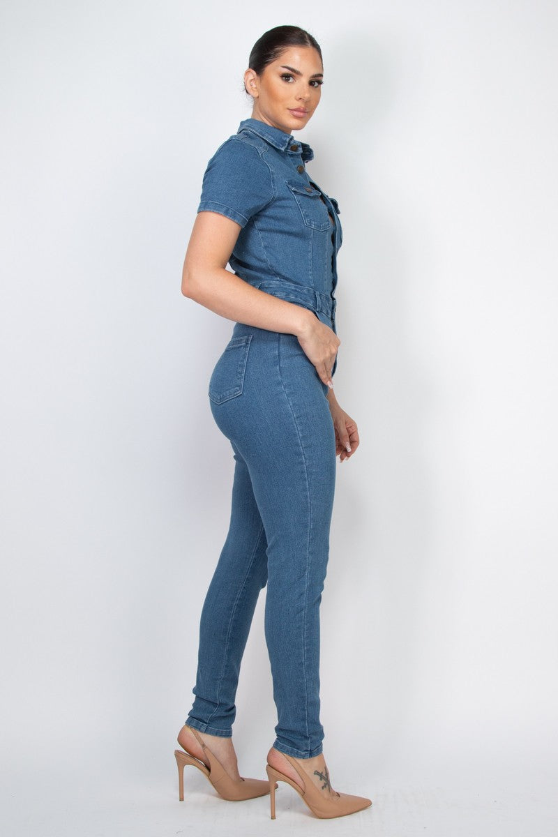 Button Down Skinny Denim Jumpsuit