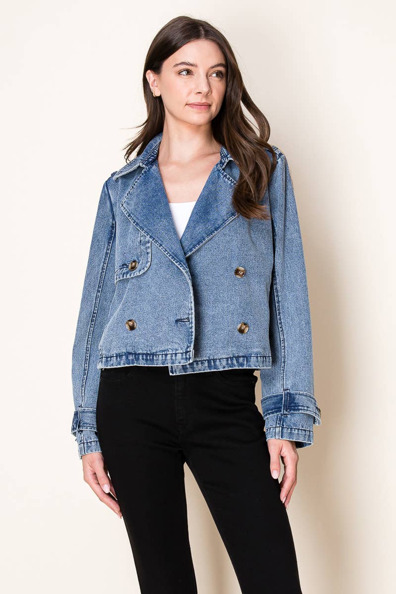 Washed Denim Cropped Trench Jacket