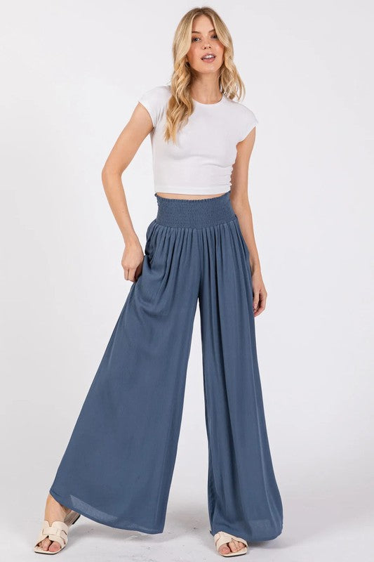 Woven Solid Wide Ruffle Hemming Pants - Med Indigo