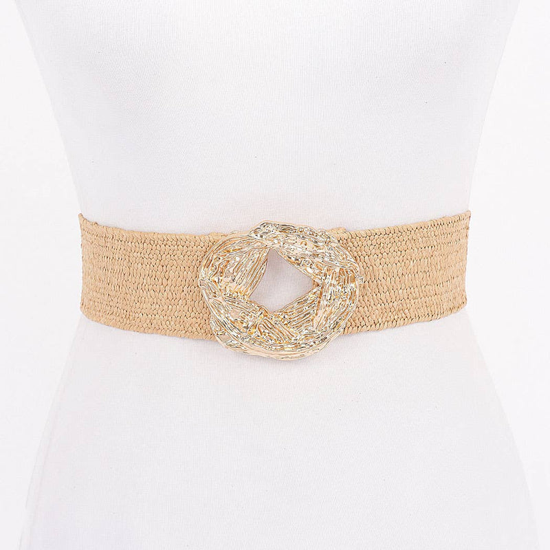 Metal Buckle Elastic Faux Straw Belt