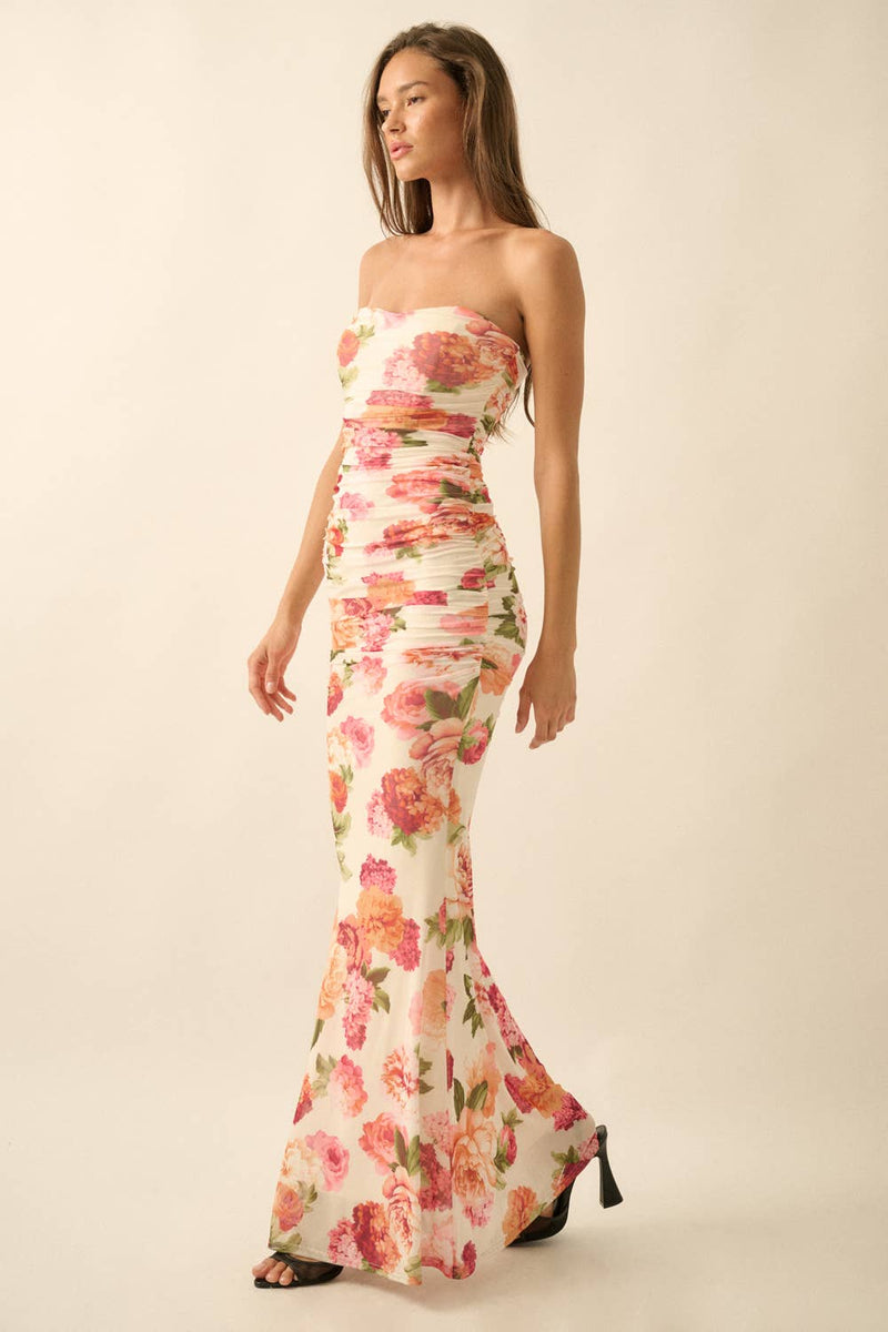 sweetheart floral ruched ruched long formal dress Cream Pink Print Mesh Strapless Maxi | Promesa USA Chiffon Details Type:Make To Order Royal Blue Short Dress Easter dress women