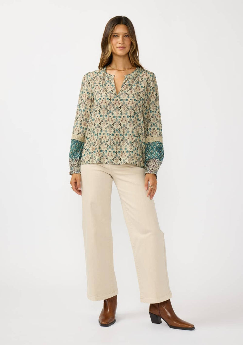 Split Ruffle Neck Border Print Blouse