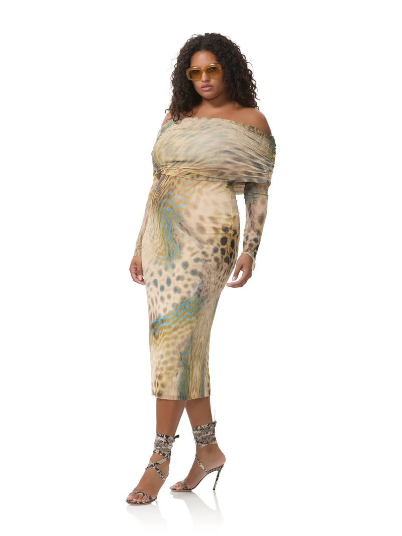 Off-the-shoulder midi dress in beige with fish scale swirl patterns and a body-hugging fit, perfect for Long Island boutique fashion.