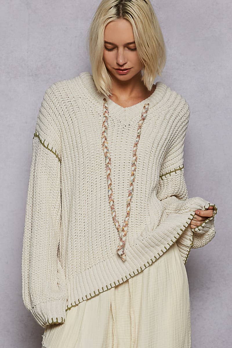 V-neck Solid Stitch Point Hoodie Chenille Sweater Top