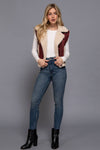 Faux suede inner fur zip-up vest in burgundy with a cozy cream collar, perfect for layering in Long Island boutique fashion.