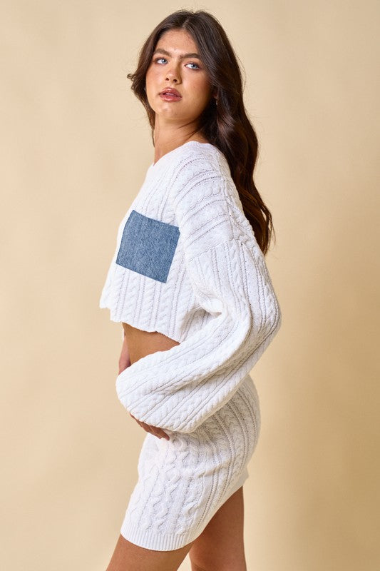 Denim Contrast Sweater And Skirt Set