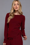Long Sleeve Round Neck Side Ruched Two Tone Texture Knit Top