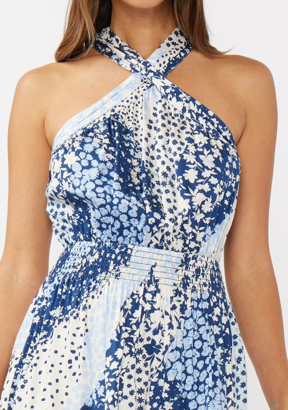 Floral Patchwork Halter Neck Mini Dress