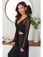 Open Knit Crochet Tie Top with Bell Sleeve - Black