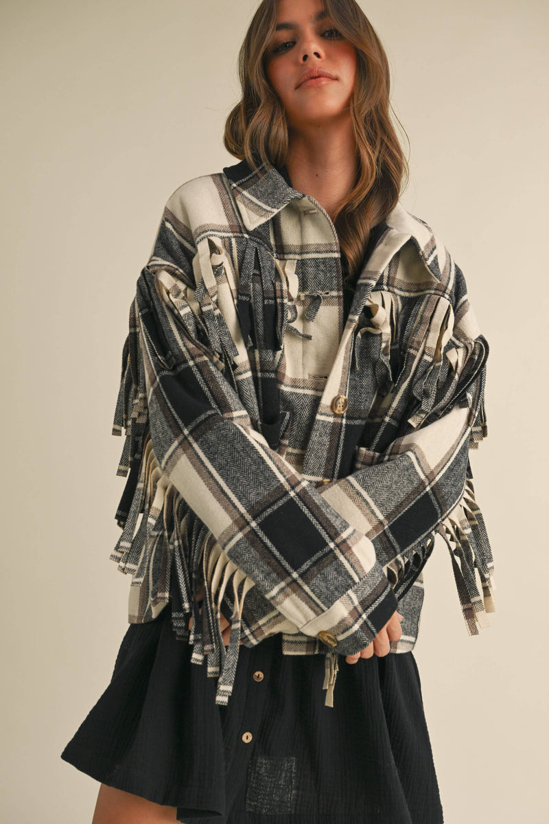 Wool Fringed Detail Plaid Jacket
