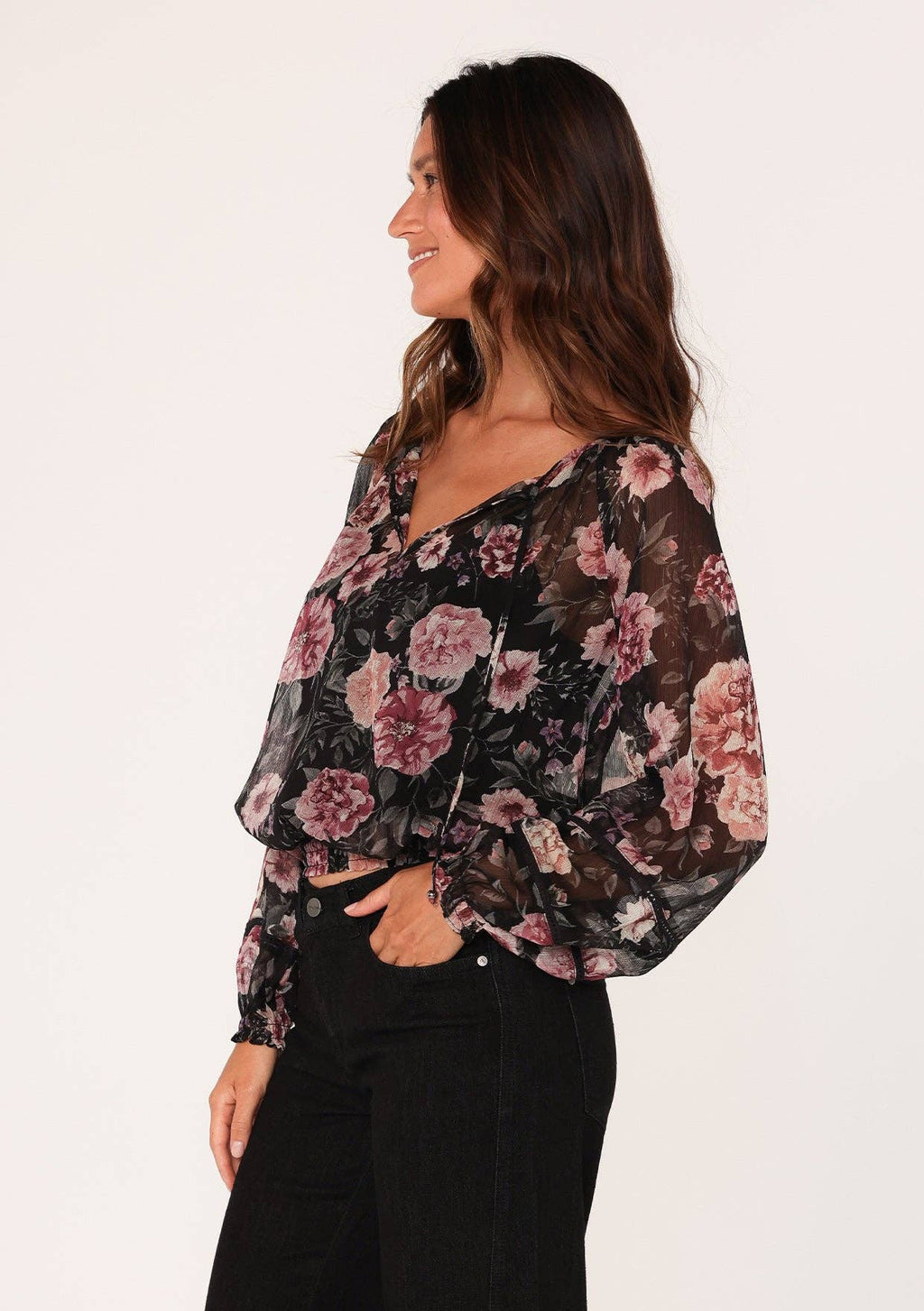 Sheer Floral Smocked Tie Neck Blouse
