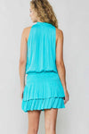 Sleeveless Split Ruffled Neck w/ Tie Mini Dress - Turquoise