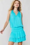 Sleeveless Split Ruffled Neck w/ Tie Mini Dress - Turquoise