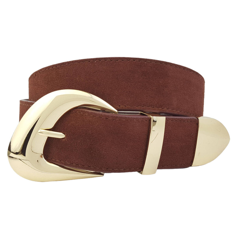 Brown genuine suede leather belt featuring a trendy gold buckle and tip set, perfect for elevating any look in Long Island boutique fashion.