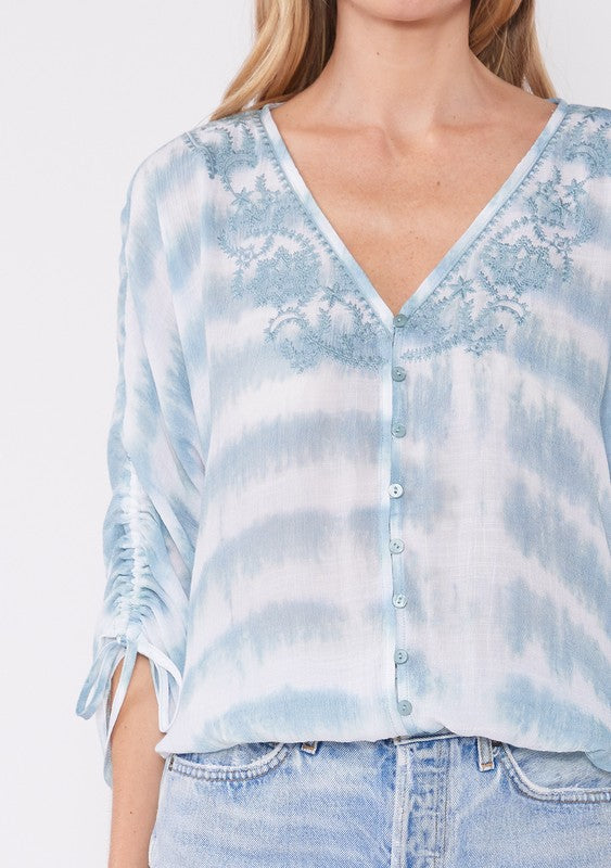 V-Neck Dolman Button Down Top - Off White/Teal