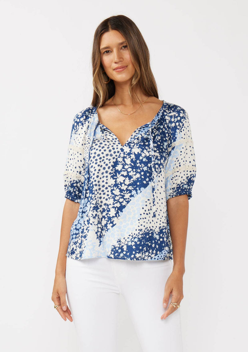 Short Puff Sleeve V-Split Neck Top with Lace Trim
