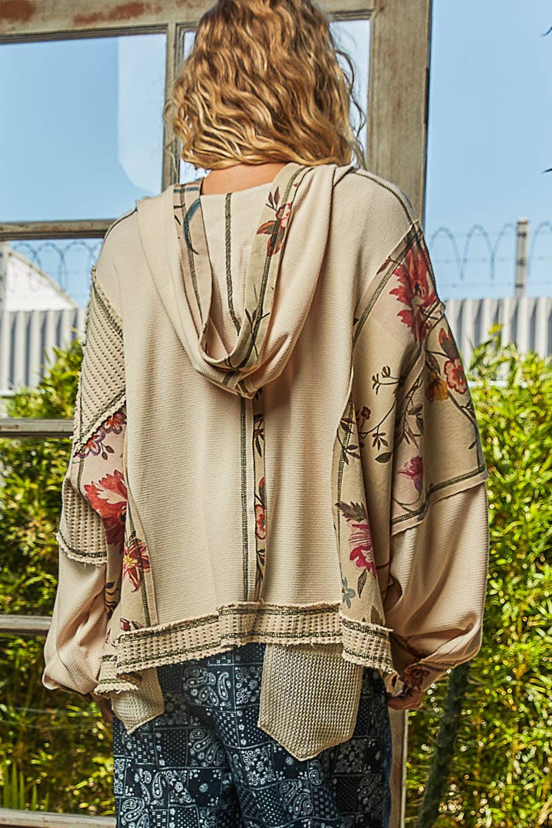 Solid Pattern Printed Stitch Detail Thermal Knit Hoodie Top