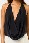 Cowl bodysuit in deep black features a plunging neckline and draped fabric, perfect for a stylish look at this Long Island boutique fashion.