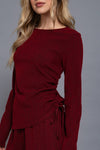 Long Sleeve Round Neck Side Ruched Two Tone Texture Knit Top