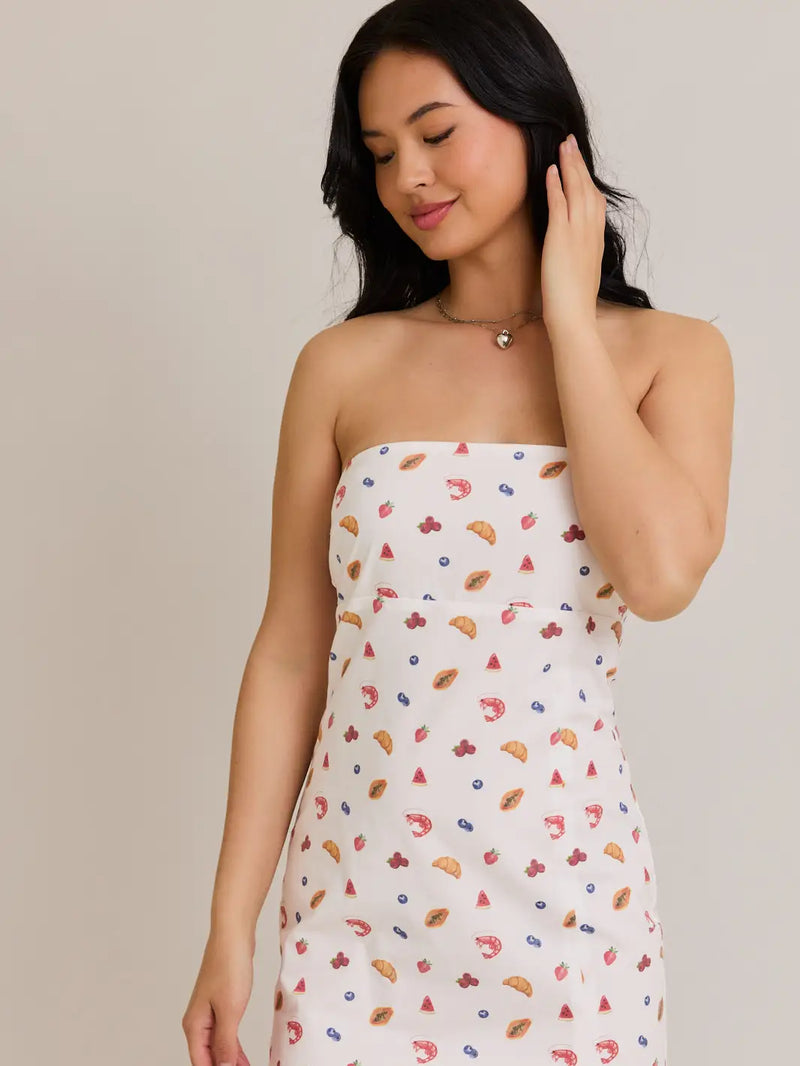 Strapless Smocked Back Food Mix Graphic Mini Dress