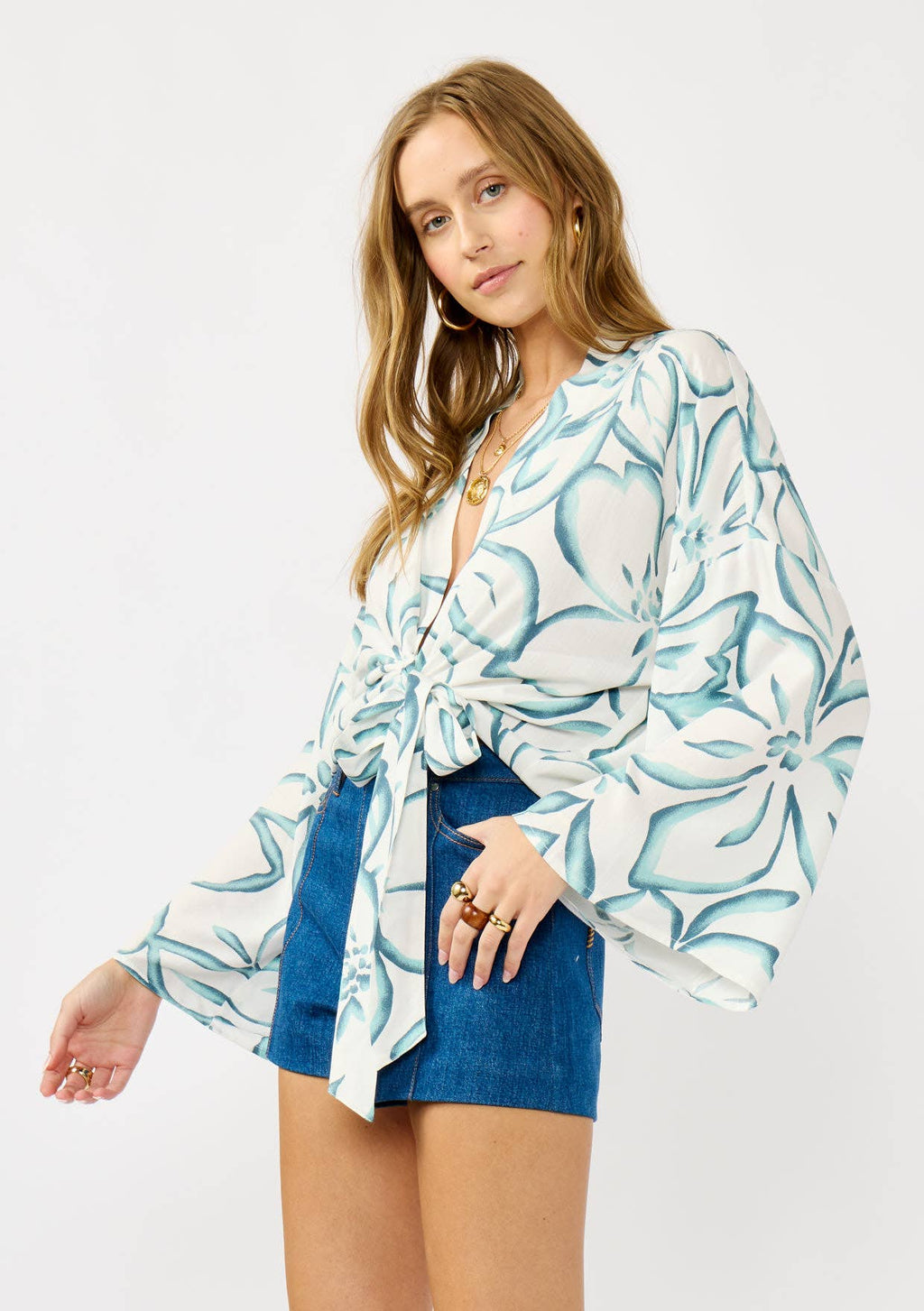 Oversized Floral Tie-Front Kimono Sleeve Top