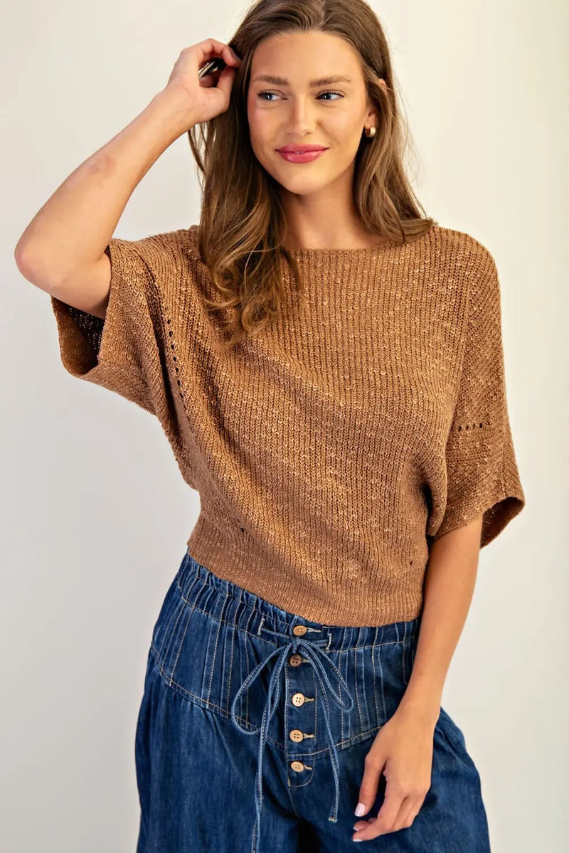 Cropped half dolman sleeve knit sweater in warm brown, featuring a loose fit and textured knit, perfect for Long Island boutique fashion.