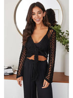 Open Knit Crochet Tie Top with Bell Sleeve - Black