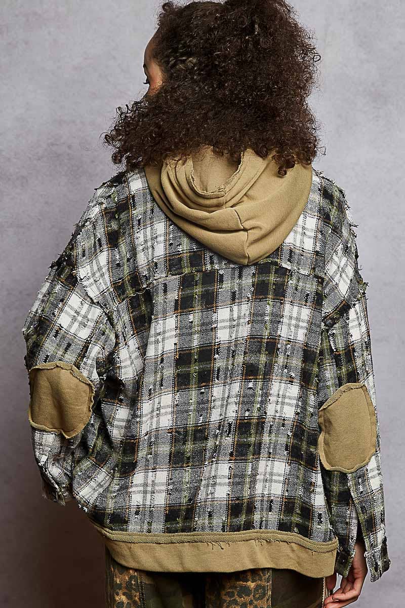 Women’s oversized hooded plaid shacket in olive and black — cotton button-down jacket with raw-edge detail, cozy fall outerwear by TandyWear Boutique Commack NY. back view