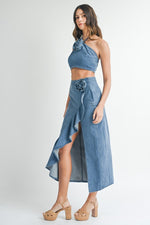 Denim Corsage Top & Ruffle Midi Skirt Set
