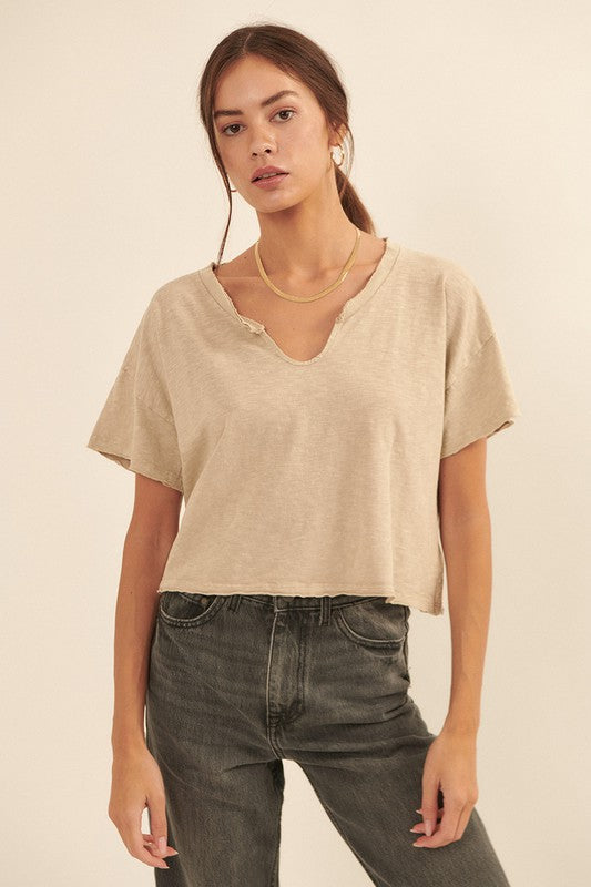 Distressed Split-Neck Cropped Tee