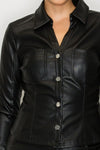 Faux leather button-up top in sleek black features a tailored fit, double chest pockets, and snap button closure, ideal for Long Island boutique fashion.