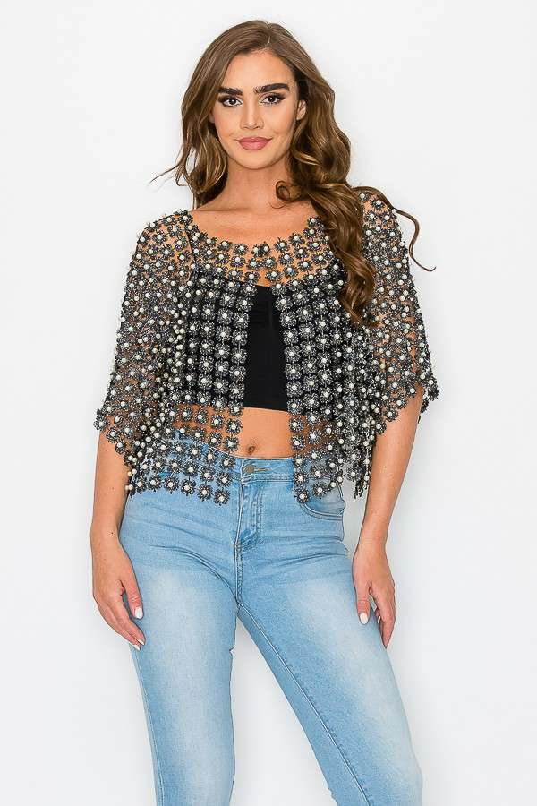 Beads Point Crochet Cardigan features a sheer design adorned with shimmering beads, perfect for adding a touch of glamour to Long Island boutique fashion.