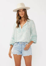 Floral Embroidered Lace-Trim Split Neck Blouse